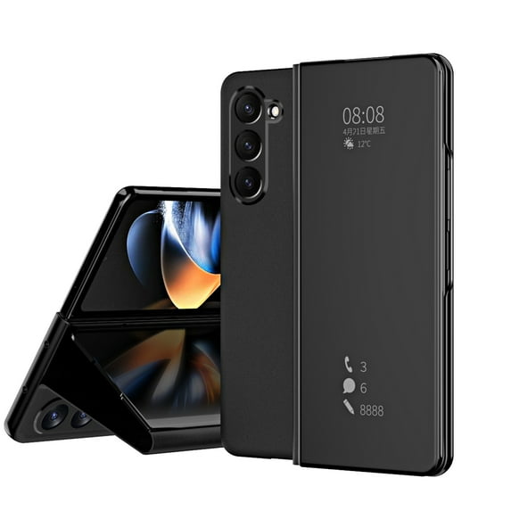 Dteck Flip Mirror Case for Samsung Galaxy Z Fold 6, Luxury Leather Case Shockproof Kickstand Cover for Galaxy Z Fold 6 5G,Black