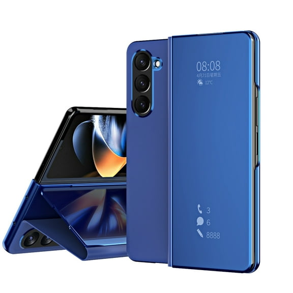 Dteck Flip Mirror Case for Samsung Galaxy Z Fold 6, Luxury Leather Case Shockproof Kickstand Cover for Galaxy Z Fold 6 5G,Skyblue