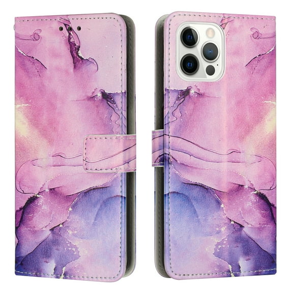 Dteck Flip Wallet Case For iPhone 12 Pro / 12 6.1 inch,360 Protection Stylish Painted Marble PU Leather Card Slots Holder for Women Girls with Wrist Strap Cover.For iPhone 12 Pro / 12 6.1",Purple