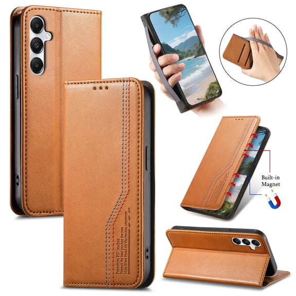 Dteck Flip Wallet Case for Samsung Galaxy A15,Leather Magnetic Folio Cover with Card Holder Kickstand Shockproof TPU Full Body Protective Phone Case,Brown