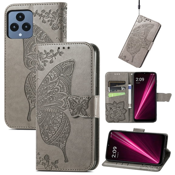 Dteck Flip Wallet Case for T-Mobile Revvl 6 5G, 3D Butterfly Embossed PU Leather Magnetic Folio Cover with Card Holder Kickstand, TPU Shockproof Durable Protective Phone Case,Gray