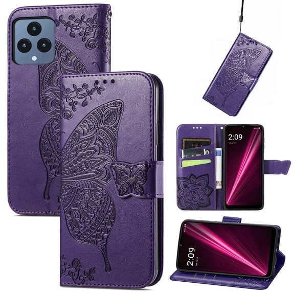 Dteck Flip Wallet Case for T-Mobile Revvl 6 5G, 3D Butterfly Embossed PU Leather Magnetic Folio Cover with Card Holder Kickstand, TPU Shockproof Durable Protective Phone Case,Purple