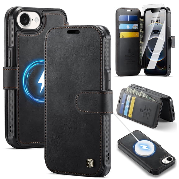 Dteck Flip Wallet Case for iPhone 16e with Screen Protector, PU Leather RFID Blocking Card Holder Shockproof Magnetic Phonoe Cover,Black