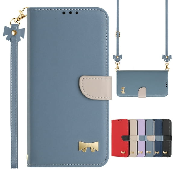 Dteck Flip Wallet Case for iPhone 14 Pro Max, Metal Butterfly PU Leather Magnetic Folio Cover with Card Holder, TPU Shockproof Durable Protective Phone Case with Lanyard Wrist Strap,Blue