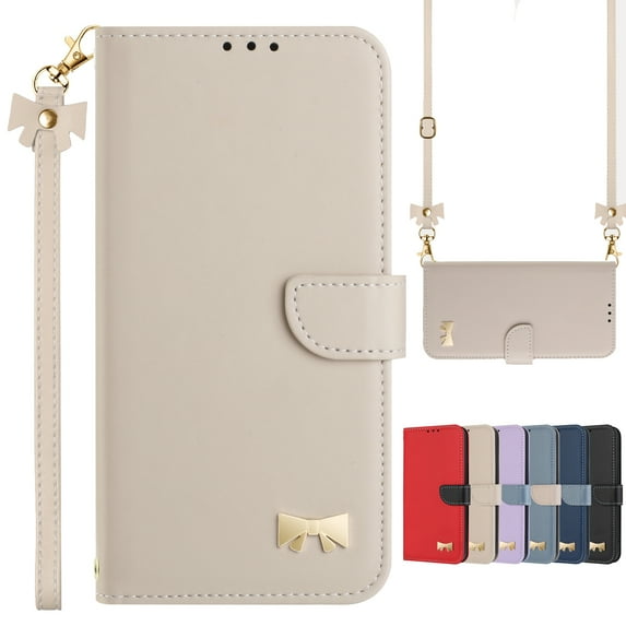 Dteck Flip Wallet Case for iPhone 14 Pro, Metal Butterfly PU Leather Magnetic Folio Cover with Card Holder, TPU Shockproof Durable Protective Phone Case with Lanyard Wrist Strap,Apricot