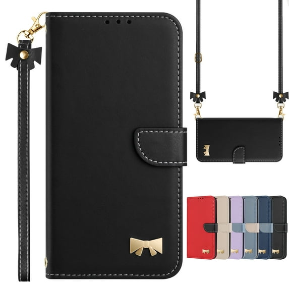 Dteck Flip Wallet Case for iPhone 15, Metal Butterfly PU Leather Magnetic Folio Cover with Card Holder, TPU Shockproof Durable Protective Phone Case with Lanyard Wrist Strap,Black