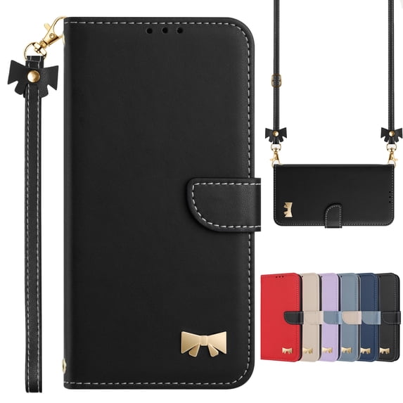 Dteck Flip Wallet Case for iPhone 15 Plus, Metal Butterfly PU Leather Magnetic Folio Cover with Card Holder, TPU Shockproof Durable Protective Phone Case with Lanyard Wrist Strap,Black