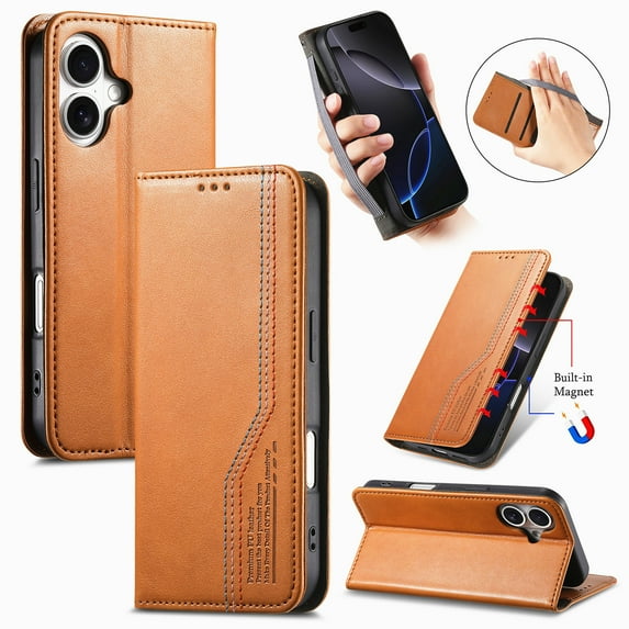 Dteck Flip Wallet Case for iPhone 16 Plus,Leather Magnetic Folio Cover with Card Holder Kickstand Shockproof TPU Full Body Protective Phone Case,Brown