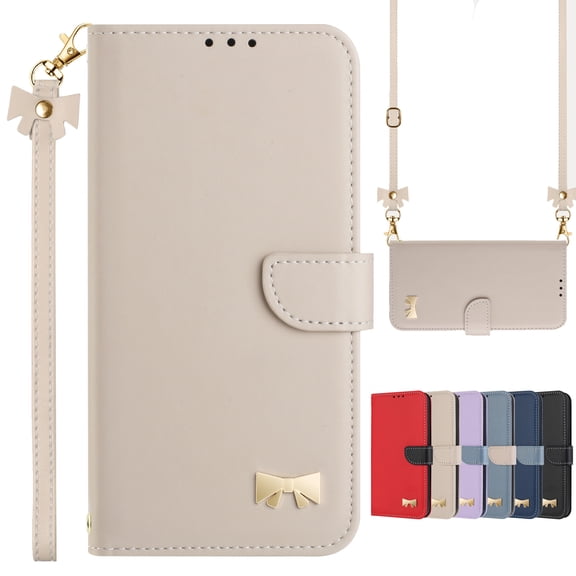 Dteck Flip Wallet Case for iPhone 8 Plus/7 Plus, Metal Butterfly PU Leather Magnetic Folio Cover with Card Holder, TPU Shockproof Durable Protective Phone Case with Lanyard Wrist Strap,Apricot