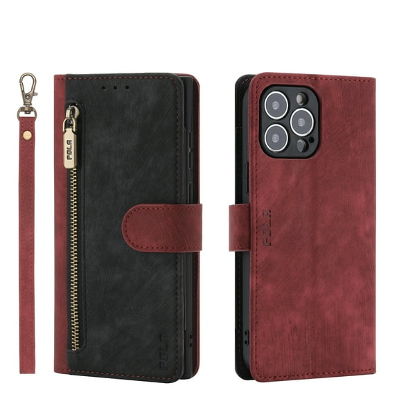 Dteck Flip Wallet Case For iPhone XS/X 5.8 inch,Luxury Business Shockproof PU Leather Zipper Card Slot Stand Cover with Wrist Strap.For iPhone XS/X,Red