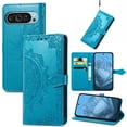 thumbnail image 1 of Dteck Flower Embossed Wallet Case for Google Pixel 9 / 9 Pro,Magnetic Leather Card Slots Flip Case Shockproof Kickstand Cover with Wrist Strap for Google Pixel 9 / 9 Pro,Blue, 1 of 4