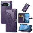 thumbnail image 1 of Dteck Flower Embossed Wallet Case for Google Pixel 9 / 9 Pro,Magnetic Leather Card Slots Flip Case Shockproof Kickstand Cover with Wrist Strap for Google Pixel 9 / 9 Pro,Purple, 1 of 5