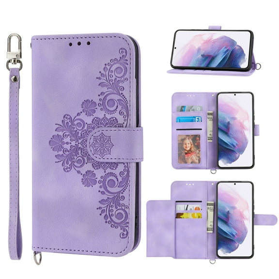 Dteck Flower Pattern Case For Samsung Galaxy S22,Magnetic Leather Card Slots Pocket Case Shockproof Rubber Kickstand Cover with Detachable Crossbody and Wrist Straps,Purple