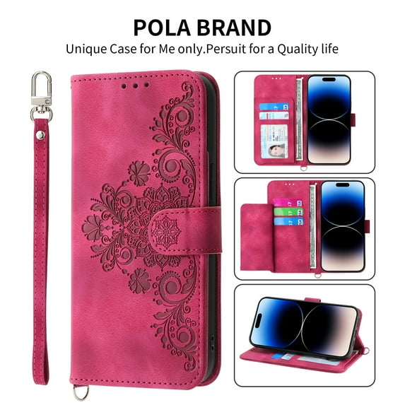 Dteck Flower Pattern Case For iPhone 14 Pro Max 6.7 inch,Magnetic Leather Card Slots Pocket Case Shockproof Rubber Kickstand Cover with Detachable Crossbody and Wrist Straps,Winered