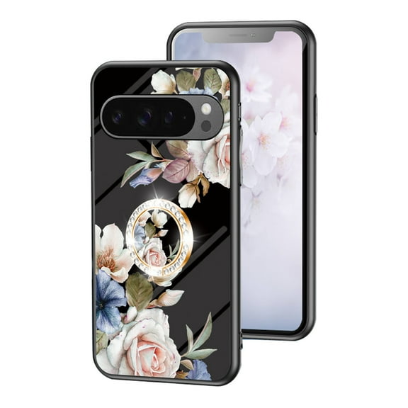 Dteck Flower Pattern Case for Google Pixel 9 Pro, Pixel 9 Case with Built-in 360 Rotatable Ring Holder Kickstand Slim Shockproof Bumper Phone Case Cover for Google Pixel 9 / 9 Pro 2024,Black