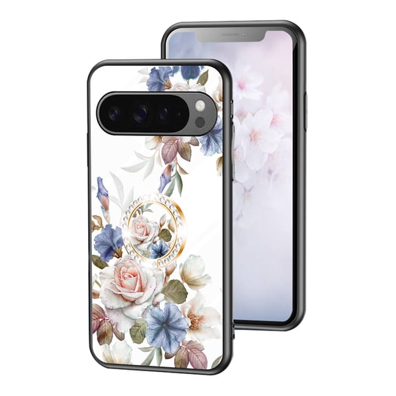 Dteck Flower Pattern Case for Google Pixel 9 Pro XL, Pixel 9 Pro XL Case with Built-in 360 Rotatable Ring Holder Kickstand Slim Shockproof Bumper Phone Case Cover for Google Pixel 9 Pro XL,White