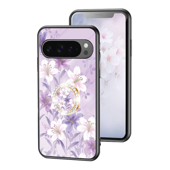 Dteck Flower Pattern Case for Google Pixel 9 Pro XL, Pixel 9 Pro XL Case with Built-in 360 Rotatable Ring Holder Kickstand Slim Shockproof Bumper Phone Case Cover for Google Pixel 9 Pro XL,Purple