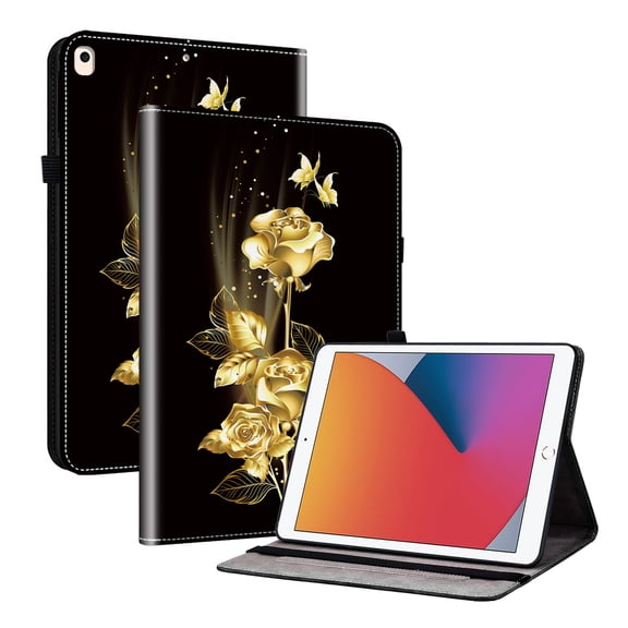 Dteck Flower Pattern Case for iPad 
 9th 8th 7th Generation 10.2-inch,iPad Pro 10.5" 2017/Air 3rd Gen 2019 PU Leather Card Slots Case Shockproof Stand Full Body Protection Cover,Gold Flower