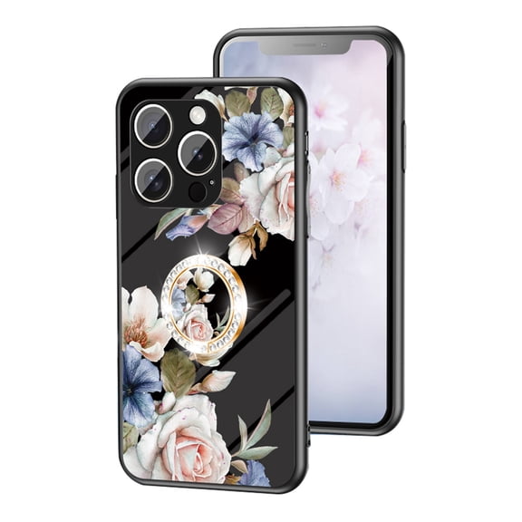 Dteck Flower Pattern Case for iPhone 16 Pro Max, iPhone 16 Pro Max Case with Built-in 360 Rotatable Ring Holder Kickstand Slim Shockproof Bumper Phone Case Cover for iPhone 16 Pro Max,Black