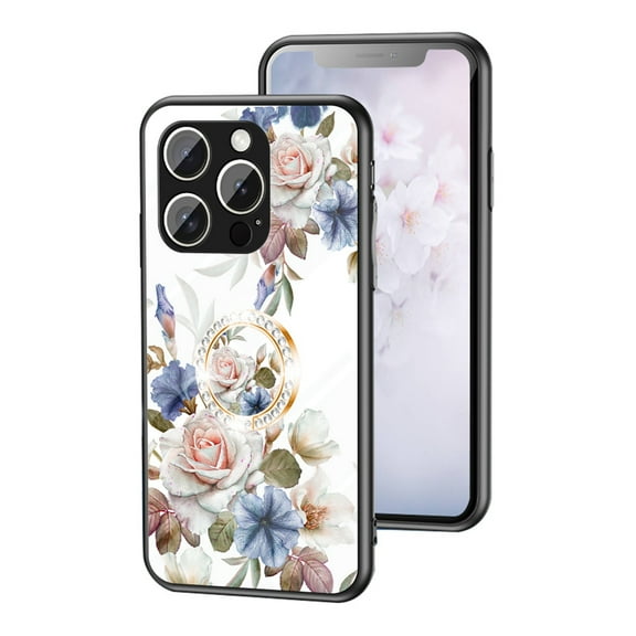 Dteck Flower Pattern Case for iPhone 16 Pro Max, iPhone 16 Pro Max Case with Built-in 360 Rotatable Ring Holder Kickstand Slim Shockproof Bumper Phone Case Cover for iPhone 16 Pro Max,White