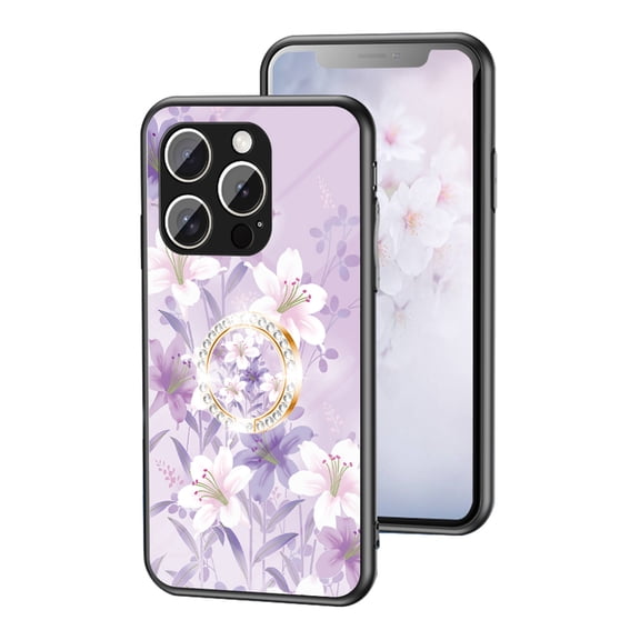 Dteck Flower Pattern Case for iPhone 16 Pro, iPhone 16 Pro Case with Built-in 360 Rotatable Ring Holder Kickstand Slim Shockproof Bumper Phone Case Cover for iPhone 16 Pro,Purple