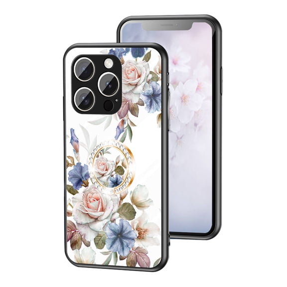 Dteck Flower Pattern Case for iPhone 16 Pro, iPhone 16 Pro Case with Built-in 360 Rotatable Ring Holder Kickstand Slim Shockproof Bumper Phone Case Cover for iPhone 16 Pro,White