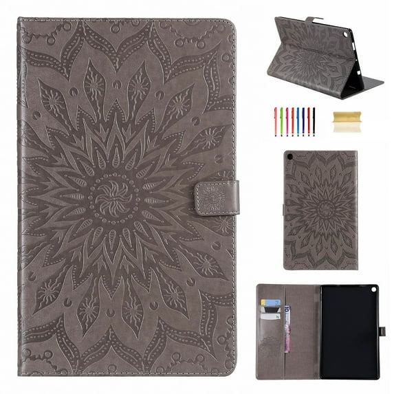Dteck Flower Patterned Case For Amazon Kindle Fire HD10 2017/2018/2019 Released (10.1-inch),Magnetic Leather Card Holder Wallet Folio Kickstand Protective Cover,Gray