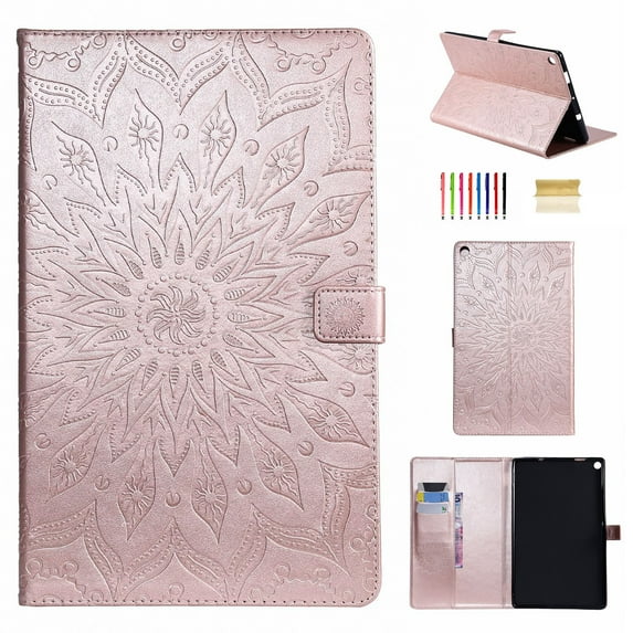 Dteck Flower Patterned Case For Amazon Kindle Fire HD10 2017/2018/2019 Released (10.1-inch),Magnetic Leather Card Holder Wallet Folio Kickstand Protective Cover,Rosegold