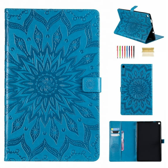 Dteck Flower Patterned Case For Amazon Kindle Fire HD10 2017/2018/2019 Released (10.1-inch),Magnetic Leather Card Holder Wallet Folio Kickstand Protective Cover,Blue