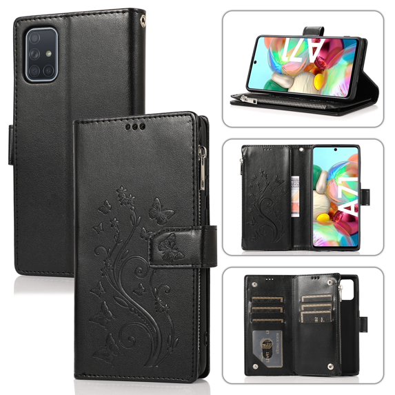 Dteck Flower Patterned Case for Samsung Galaxy A71 5G (6.7-inch),Luxury Magnetic Leather Zipper Flip Card Holder Wallet Case Kickstand Protective Cover,Black