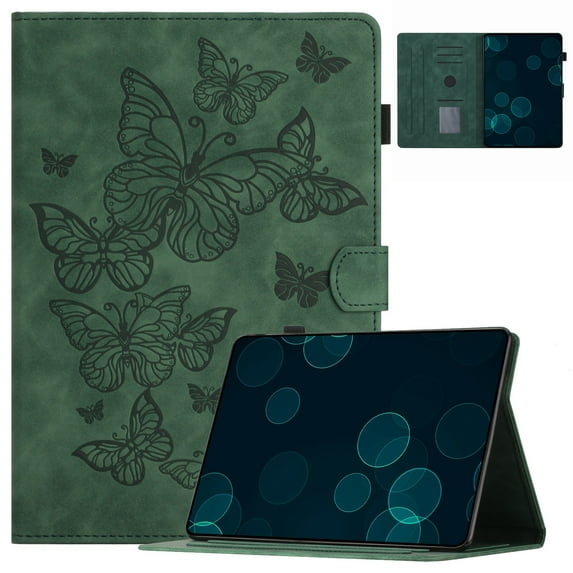 Dteck Folio Case for Amazon Fire HD 10 Tablet (9th/7th Generation, 2019/2017 Release), Embossed Butterfly PU Leather Slim Fit Stand Cover with Card Holder,Green