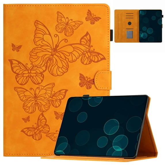 Dteck Folio Case for Amazon Fire HD 10 Tablet (9th/7th Generation, 2019/2017 Release), Embossed Butterfly PU Leather Slim Fit Stand Cover with Card Holder,Yellow