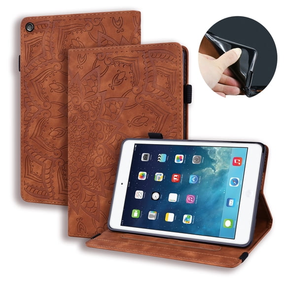 Dteck Folio Case for Amazon Kindle Fire HD 10 9th (Gen/7th Gen, 2019/2017), Embossed PU Leather Folio Flip Wallet Case Multi-angle Viewing Kickstand with Pencil Holder,Brown