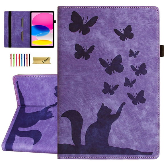 Dteck Folio Case for Fire HD 8 / HD 8 Plus (12th Generation,2022/2020), Cute Cat & Butterfly Pattern PU Leather Card Holder Folio Cover with Pencil Holder, Multi-Angle Viewing Stand,Purple