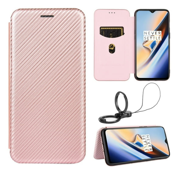 Dteck Folio Case For OnePlus 7T Pro with Portable Stand, Magnetic Adsorption Closure Slim Fit Carbon Fiber Plastic Flip Case TPU Inner Protective Cover,Rosegold