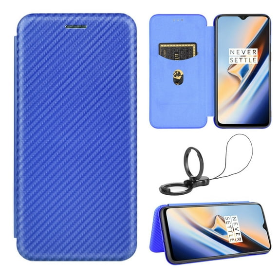 Dteck Folio Case For OnePlus 8 / 1+8 8 5G with Portable Stand (not fit Verizon version), Magnetic Adsorption Closure Slim Fit Carbon Fiber Plastic Flip Case TPU Inner Protective Cover,Blue