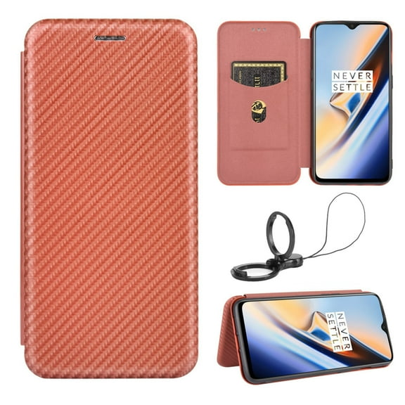 Dteck Folio Case For OnePlus 8 Pro with Portable Stand, Magnetic Adsorption Closure Slim Fit Carbon Fiber Plastic Flip Case TPU Inner Protective Cover Compatible With OnePlus 8 Pro, Brown