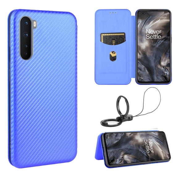 Dteck Folio Case For OnePlus Nord with Portable Stand, Magnetic Adsorption Closure Slim Fit Carbon Fiber Plastic Flip Case TPU Inner Protective Cover Compatible With OnePlus Nord, Blue