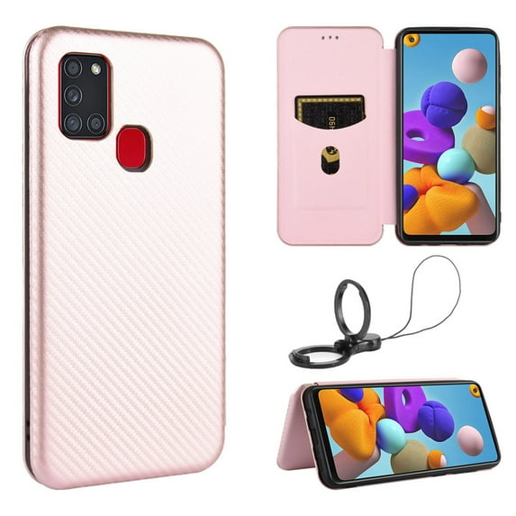 Dteck Folio Case For Samsung Galaxy A21s with Portable Stand, Magnetic Adsorption Closure Slim Fit Carbon Fiber Plastic Flip Case TPU Inner Protective Cover, Rosegold