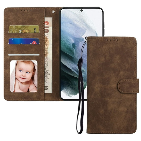 Dteck Folio Case for Samsung Galaxy S21 FE (6.4") 2022 Released, Wallet Card Slot Kickstand Magnetic Closure Shockproof Hand Strap Purse Cover for Samsung S21 FE 5G, Brown