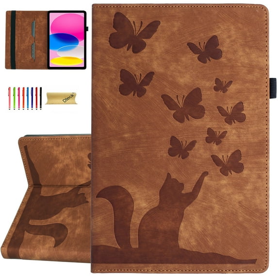 Dteck Folio Case for Samsung Galaxy Tab S9 / S9 FE / S8 / S7 Tablet, Cute Cat & Butterfly Pattern PU Leather Card Holder Folio Cover with Pencil Holder, Multi-Angle Viewing Stand,Brown