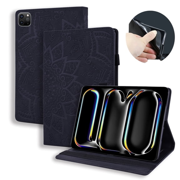 Dteck Folio Case for iPad Pro 13 Inch (M4/M5, 2024/2025),Mandala Embossed PU Leather Credit Card Holder Wallet Case, Multi-angle View Stand,Black