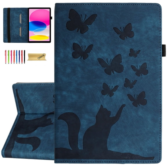 Dteck Folio Case for iPad 6th/5th Gen / iPad Air 2 / iPad Air 9.7 Inch, Cute Cat & Butterfly Pattern PU Leather Card Holder Folio Cover with Pencil Holder, Multi-Angle Viewing Stand,Blue