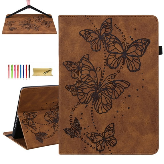 Dteck Folio Case for iPad Pro 11 2022/2021/2020/2018, iPad Air 5 Case, iPad Air 4 Case, Embossed Butterfly PU Leather Flip Stand Auto Wake Sleep Smart Cover with Card Slots Elastic Strap, Brown