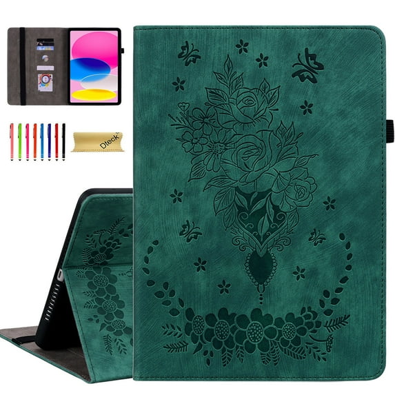 Dteck Folio Case for iPad Pro 11 Inch M4 (2024),Multi-Angle Viewing Stand PU Leather Embossed Butterfly Design Shockproof Cover with Card Holder for iPad Pro 11" 2024,Green