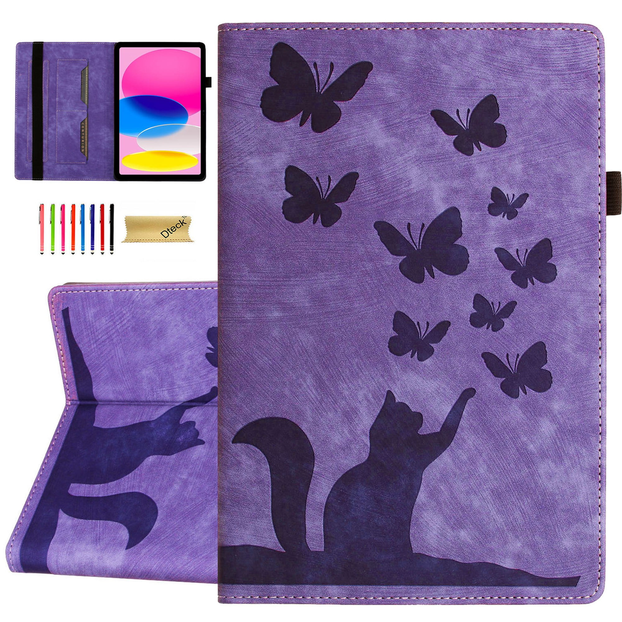 Dteck Folio Case for iPad Pro 13 Inch 2024, iPad Pro 13 (M4) Case PU Leather Embossed Butterfly & Cat Pattern Card Holder Folio Cover with Pencil Holder, Multi-Angle Viewing Stand,Purple