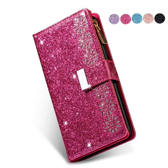 Dteck Folio Wallet Case For Samsung Galaxy A51 5G SM-A516, Luxury Bling Glitter PU Leather Case with Stand / Zipper Purse / 9 Card Slots / Magnetic Closure Cover with Hand Strap, Red