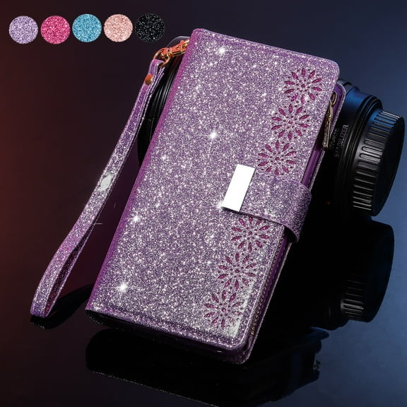 Dteck Folio Wallet Case For Samsung Galaxy A51 SM-A515 (not fit A51 5G), Luxury Bling Glitter PU Leather Case with Stand / Zipper Purse / 9 Card Slots / Magnetic Closure Cover with Hand Strap, Purple