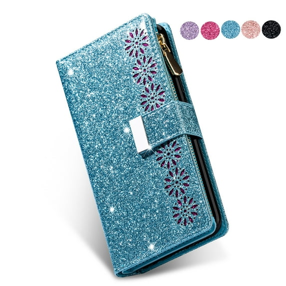 Dteck Folio Wallet Case For Samsung Galaxy A71 5G SM-A716, Luxury Bling Glitter PU Leather Case with Stand / Zipper Purse / 9 Card Slots / Magnetic Closure Cover with Hand Strap, Blue