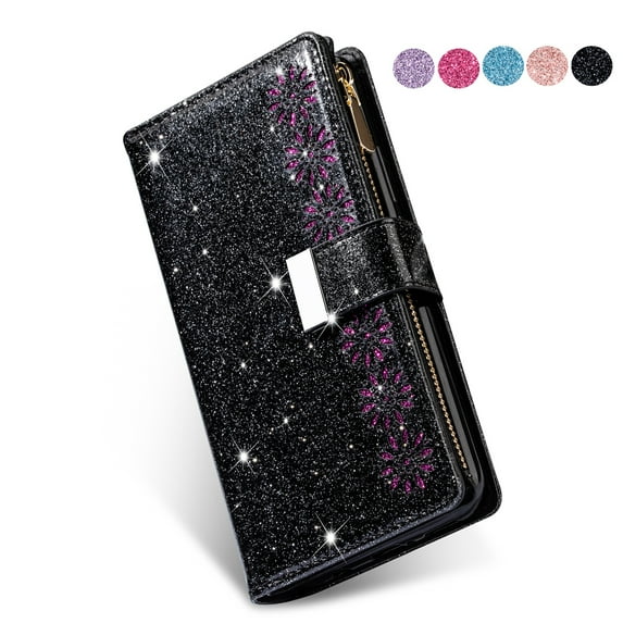 Dteck Folio Wallet Case For Samsung Galaxy Note 20 Ultra, Luxury Bling Glitter PU Leather Case with Stand / Zipper Purse / 9 Card Slots / Magnetic Closure Cover with Hand Strap, Black
